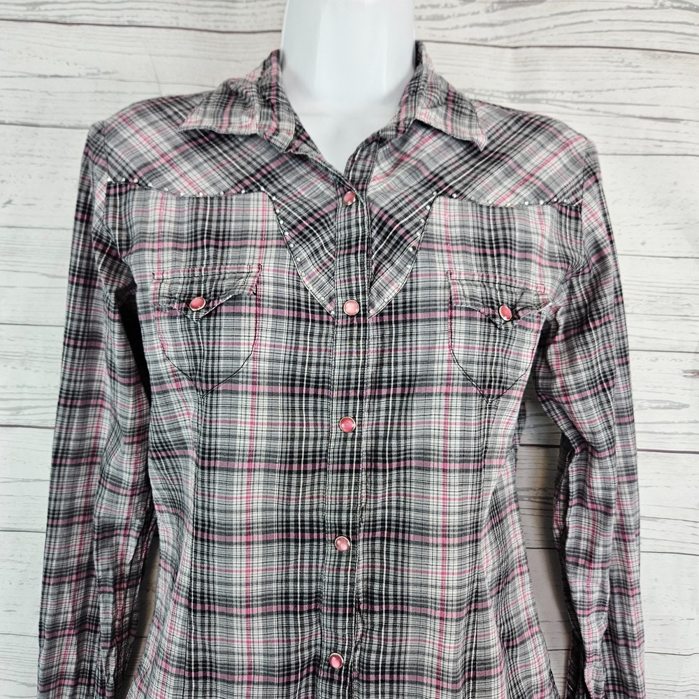 Panhandle Slim Womens Pearl Snap Shirt Sz Small Gray Pink Plaid Long Sleeve - Picture 2 of 4